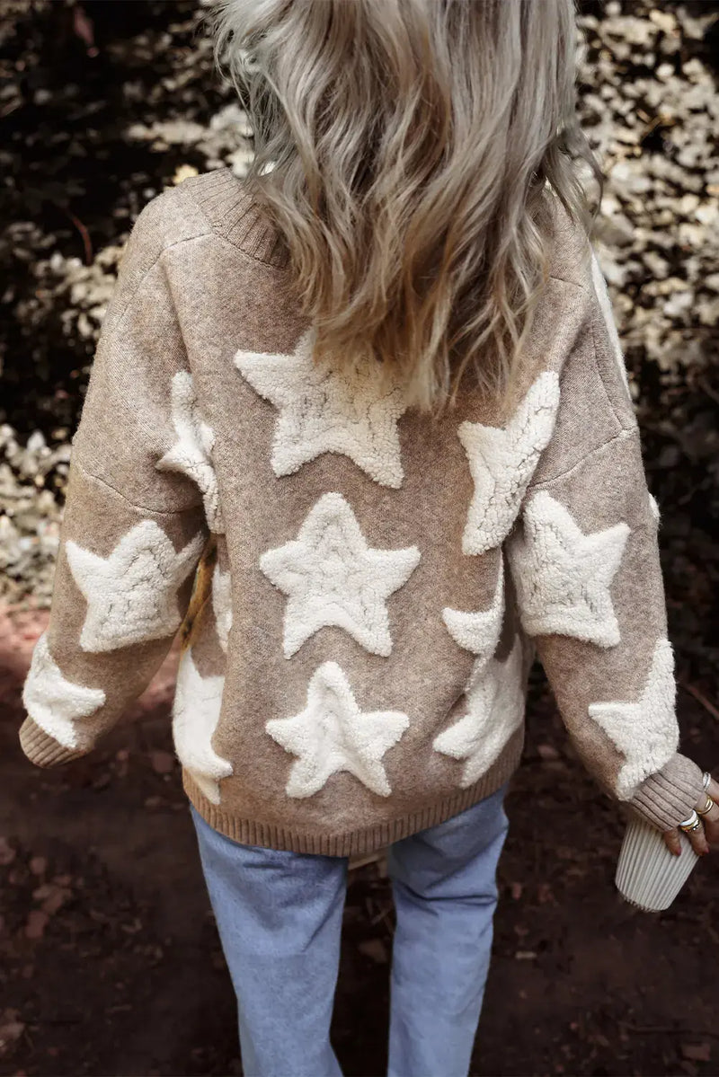 Khaki Sherpa Star Cardigan with Pockets