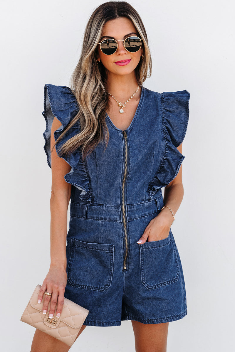 Rudi Ruffle Sleeve Denim Romper