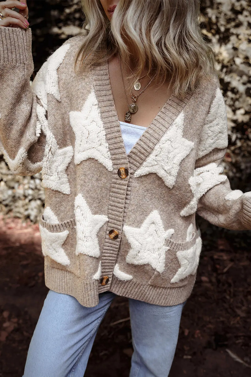 Khaki Sherpa Star Cardigan with Pockets