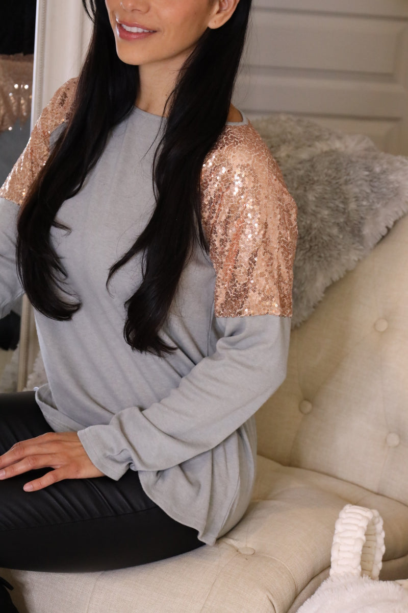 Glam Sequin Shoulder Long Sleeve Top - Gray