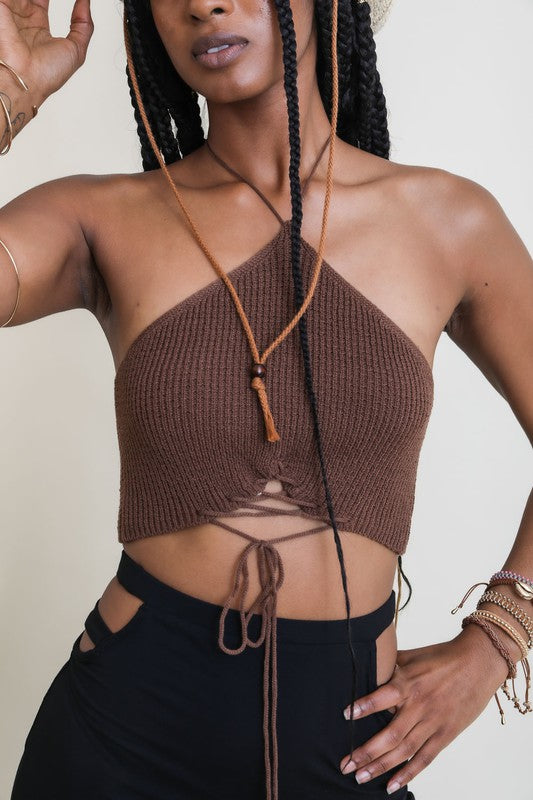 Speak Softly Lace-Up Halter Knit Bralette