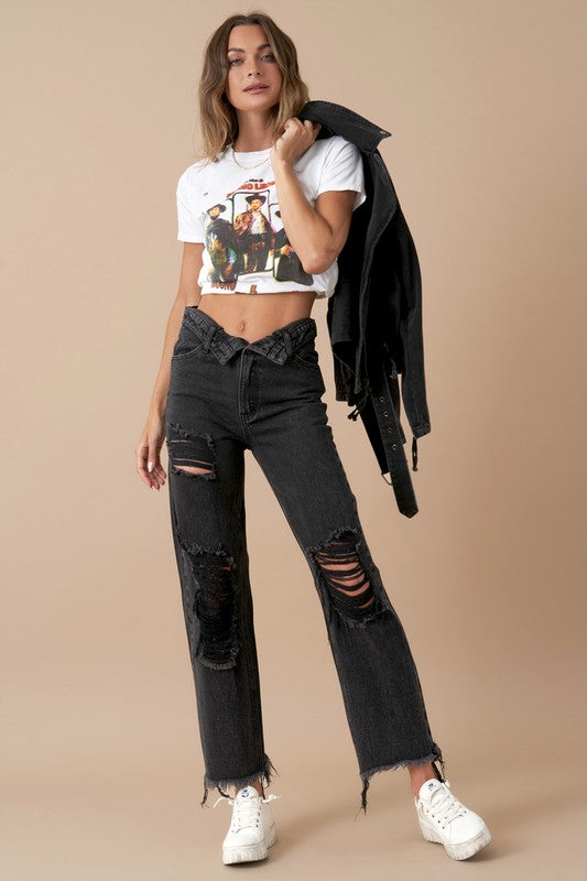 On The Lowdown Flip Waist Distressed Straight Leg Jeans