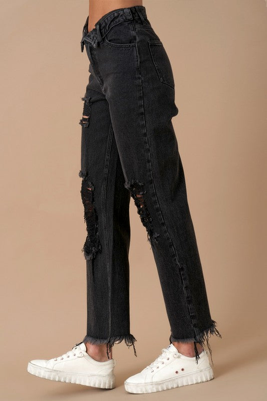 On The Lowdown Flip Waist Distressed Straight Leg Jeans