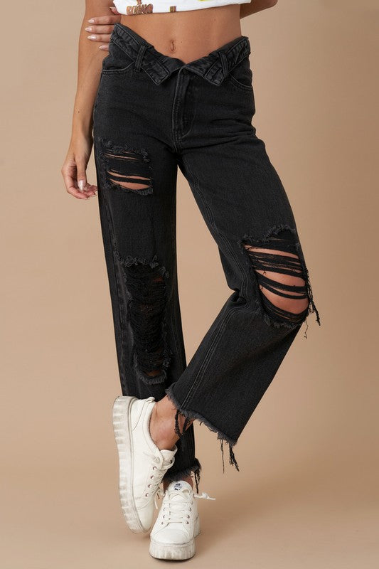 On The Lowdown Flip Waist Distressed Straight Leg Jeans