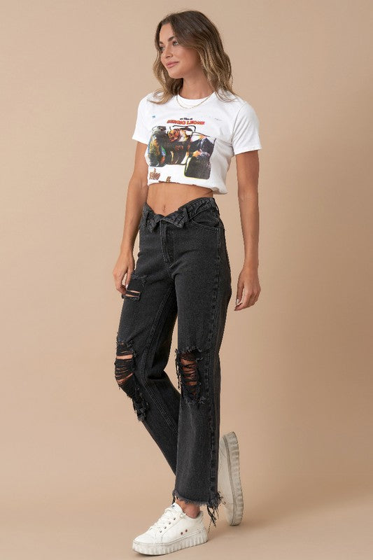 On The Lowdown Flip Waist Distressed Straight Leg Jeans