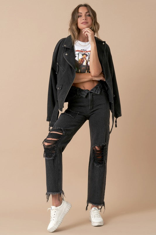 On The Lowdown Flip Waist Distressed Straight Leg Jeans