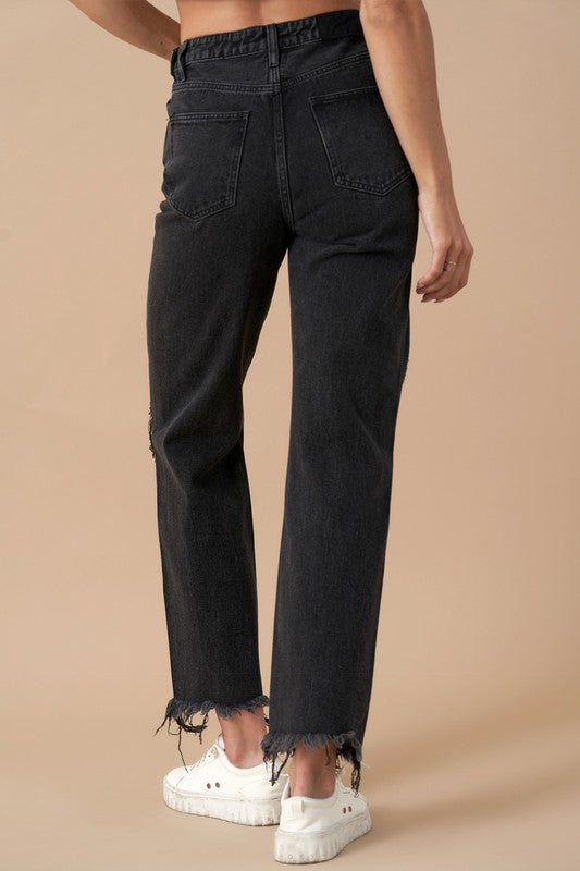 On The Lowdown Flip Waist Distressed Straight Leg Jeans