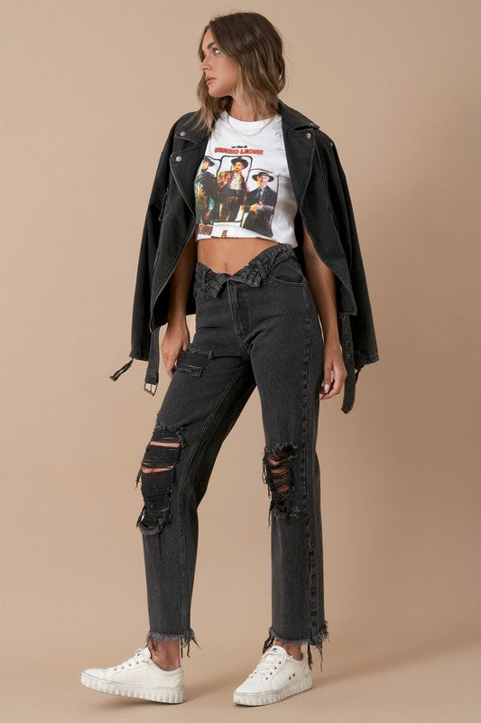 On The Lowdown Flip Waist Distressed Straight Leg Jeans