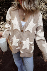 Khaki Sherpa Star Cardigan with Pockets