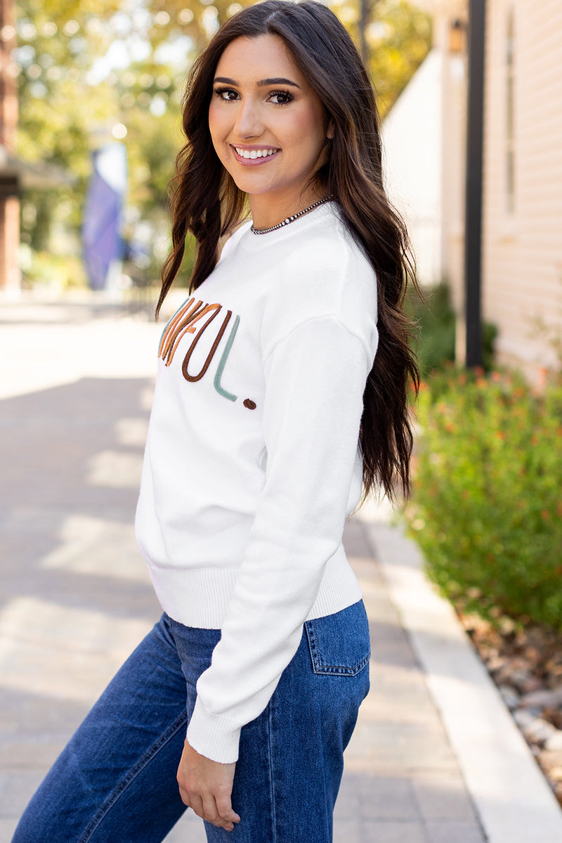 White Thankful Embroidered Sweater