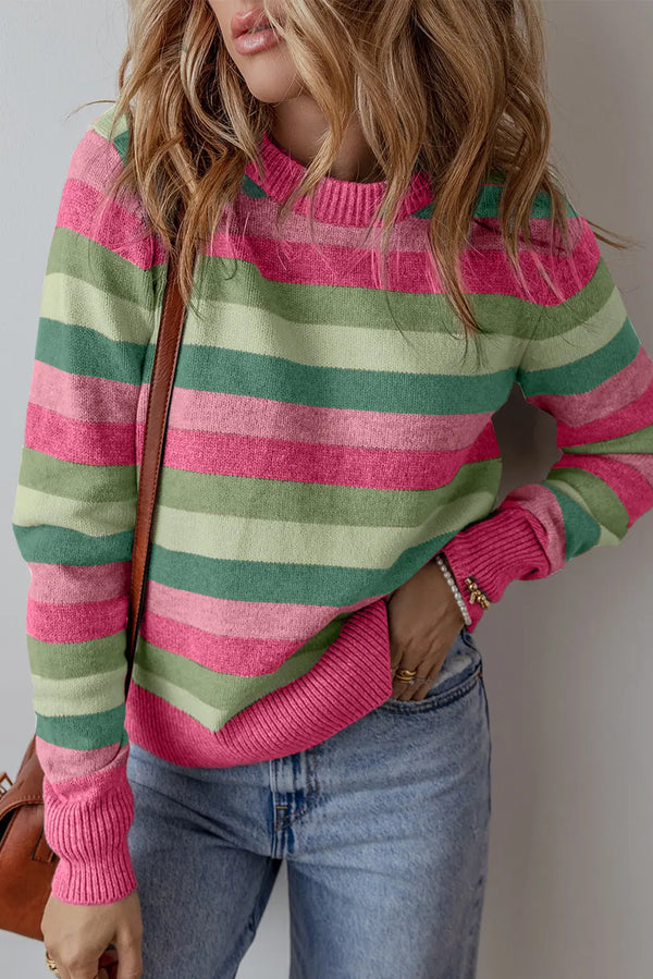 Stripe Color Block Ribbed Edge Round Neck Sweater