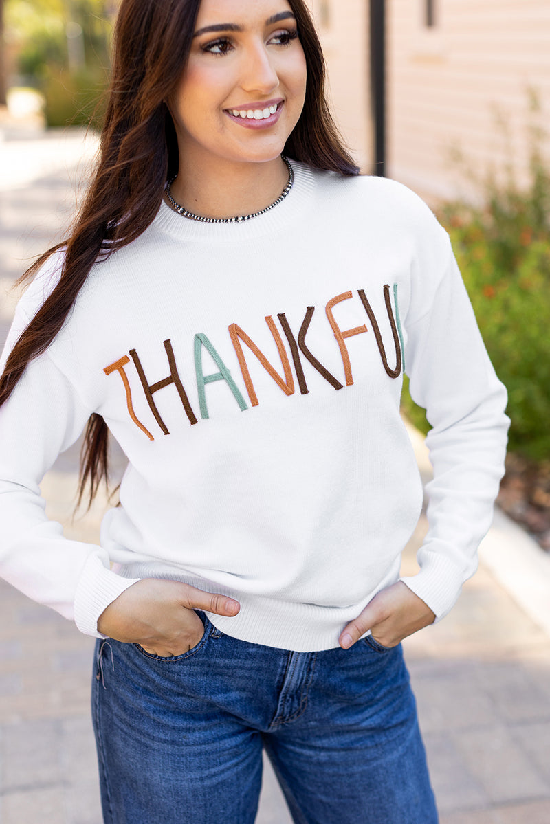 White Thankful Embroidered Sweater