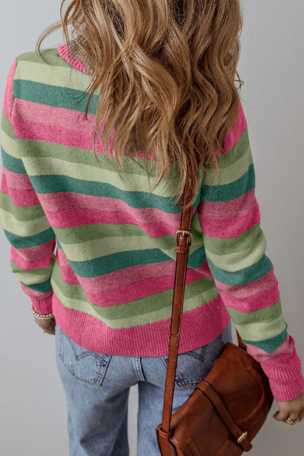 Stripe Color Block Ribbed Edge Round Neck Sweater