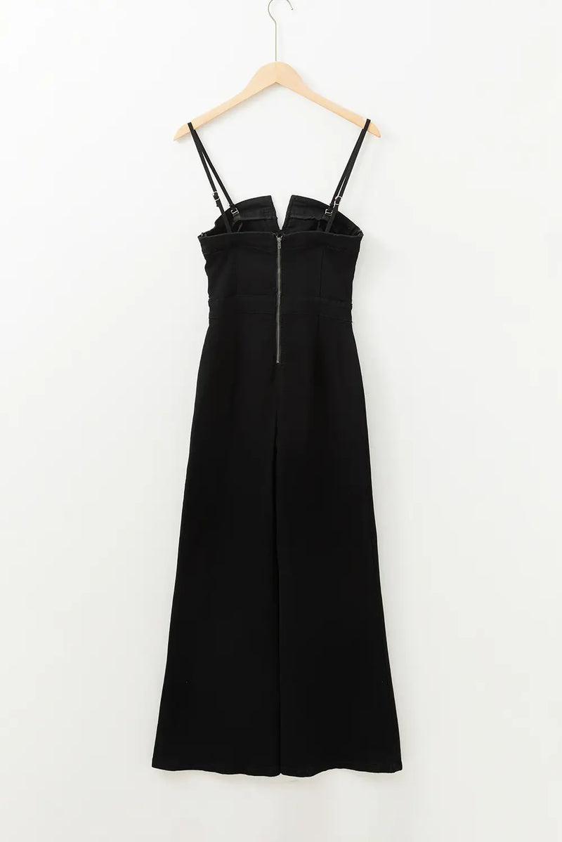 Black Seamed Zipper Spaghetti Strap High Waist Flared Jumpsuit