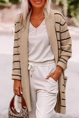 Stripe Shawl Neckline Open Cardigan with Pockets