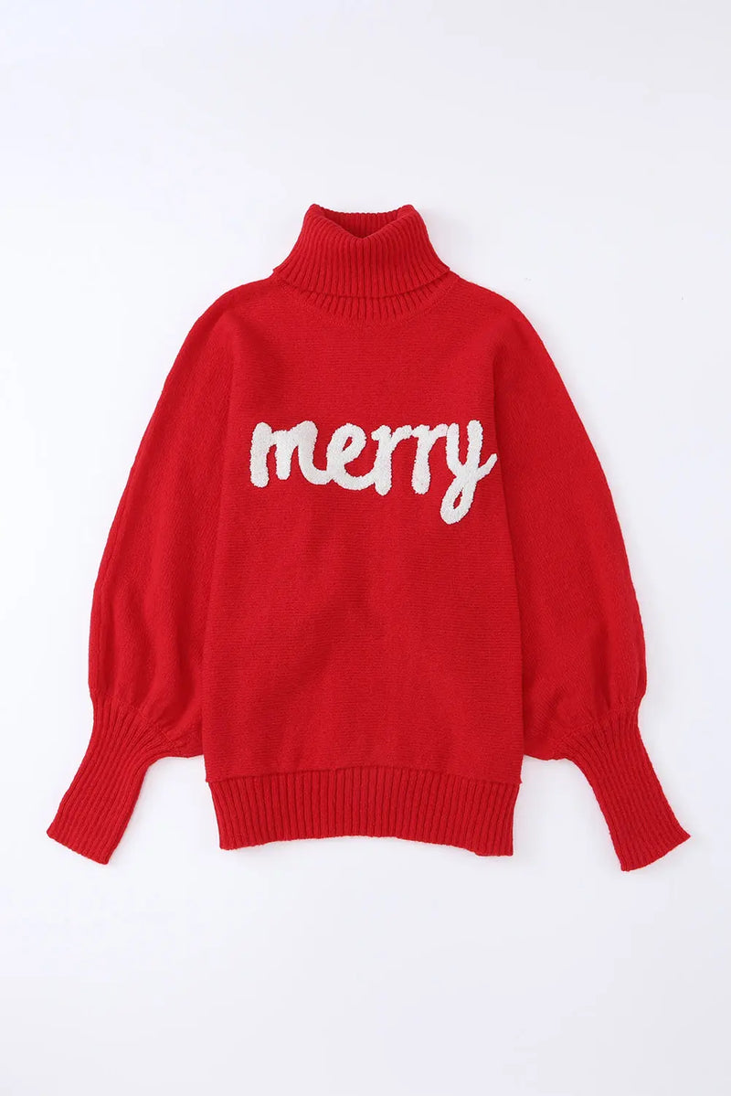 Red Merry Letter Embroidered High Neck Sweater