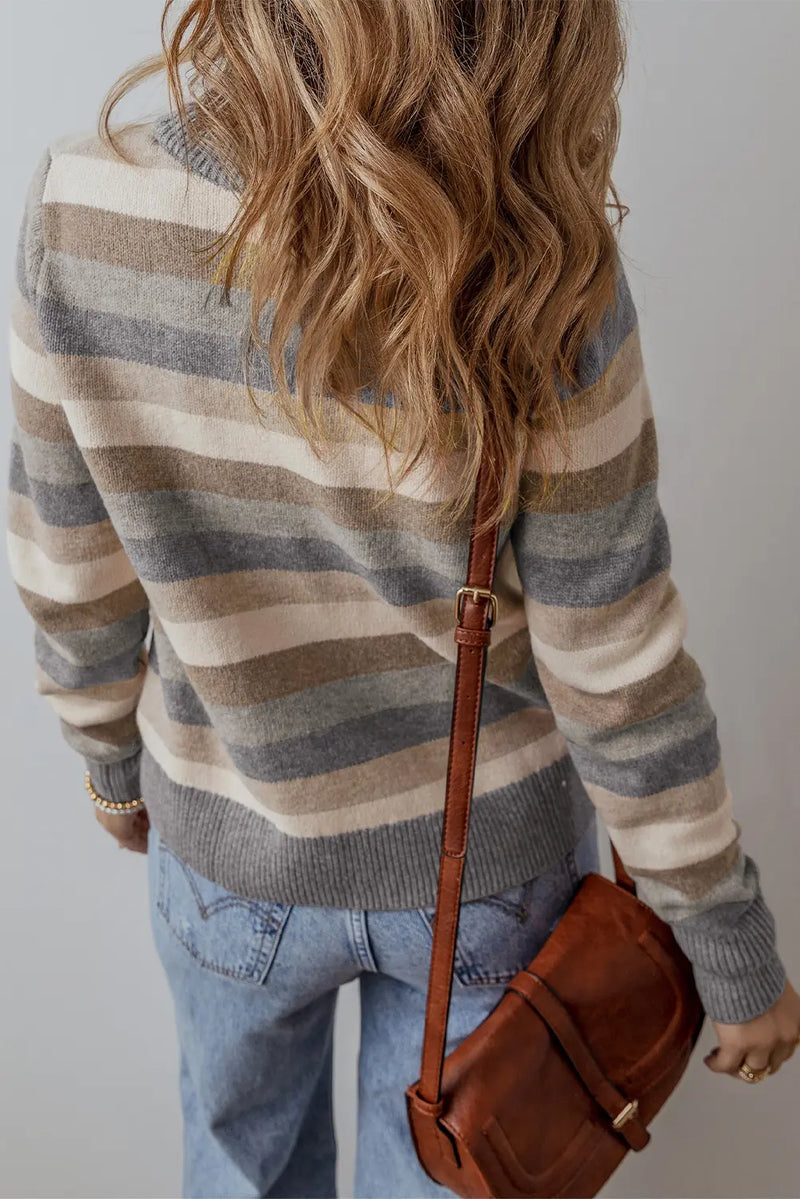 Stripe Color Block Ribbed Edge Round Neck Sweater