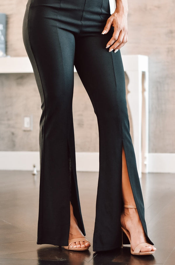 Katrina Front Slit Flare Pants - Black