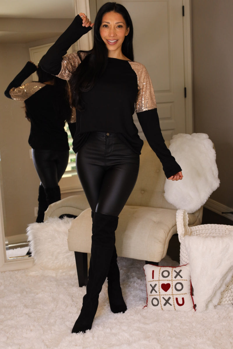 Glam Sequin Shoulder Long Sleeve Top - Black