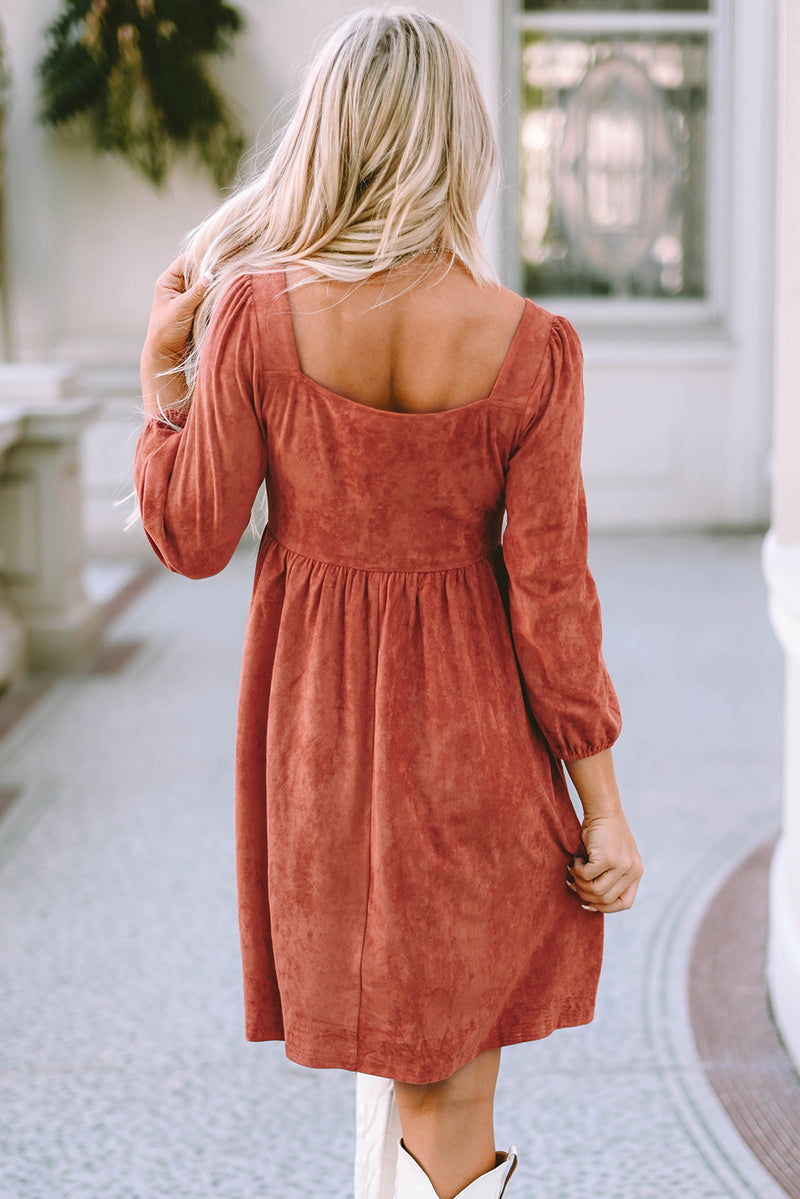 Zaine Suede Square Neck Puff Sleeve Dress