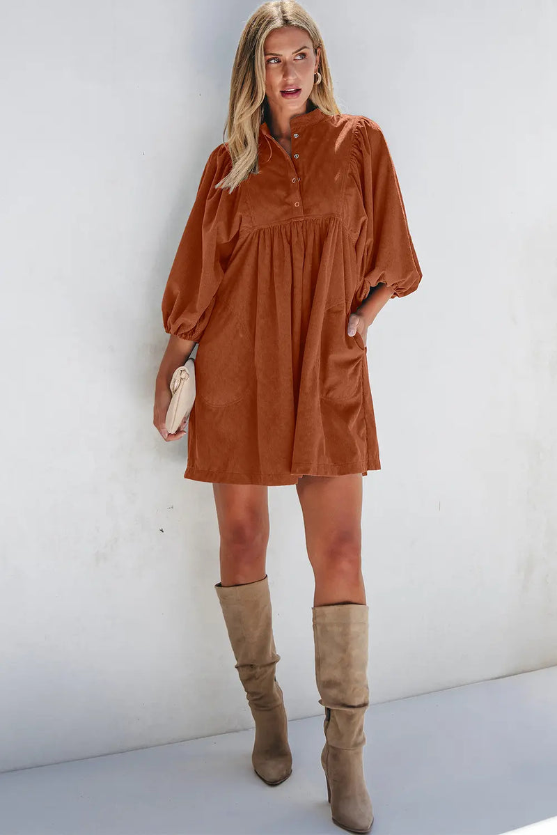 corduroy empire waist dress Vineyard Green Corduroy Snap Buttons Empire Waist Bracelet Sleeve Dress