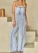 Beau Blue Light Wash Frayed Exposed Seam Wide Leg Denim Overall