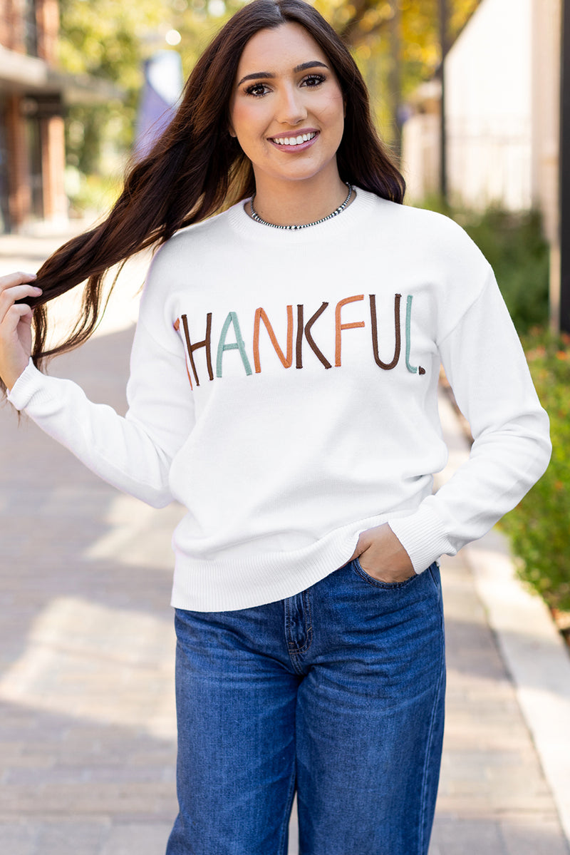 White Thankful Embroidered Sweater