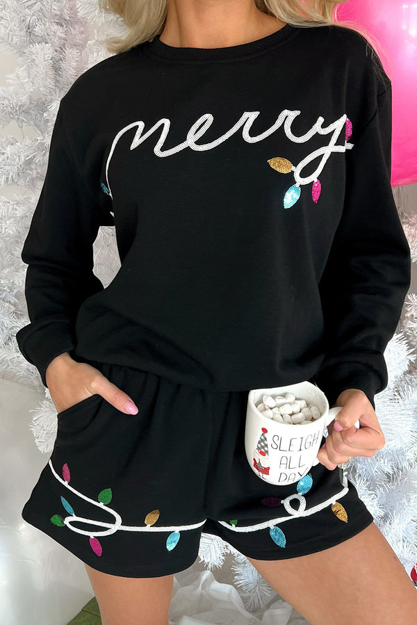 Black Sequin Merry Graphic Lounge Set