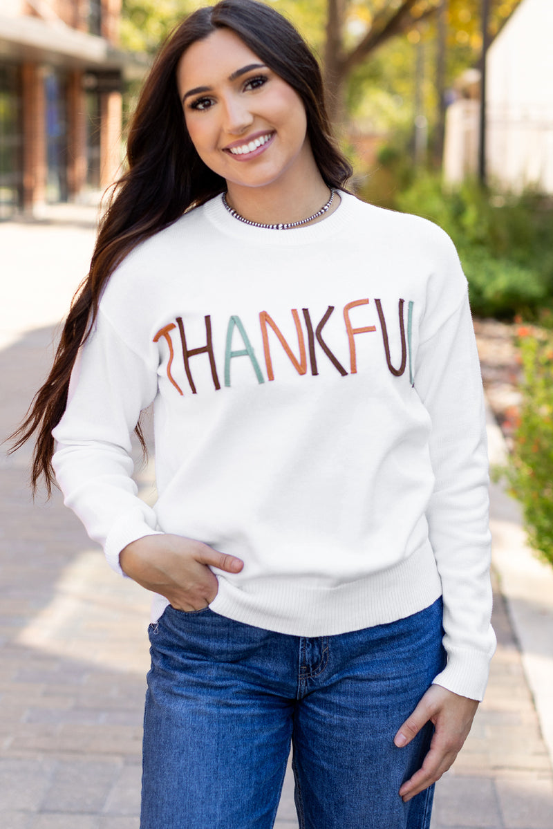 White Thankful Embroidered Sweater