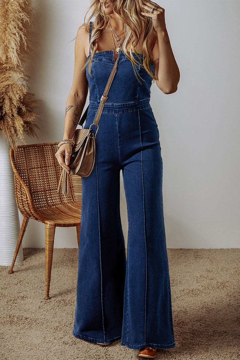 Janie Blue Denim High Waist Flared Jumpsuit