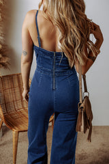 Janie Blue Denim High Waist Flared Jumpsuit