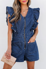 Rudi Ruffle Sleeve Denim Romper