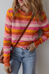 Stripe Color Block Ribbed Edge Round Neck Sweater