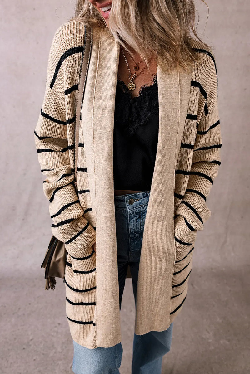 Stripe Shawl Neckline Open Cardigan with Pockets