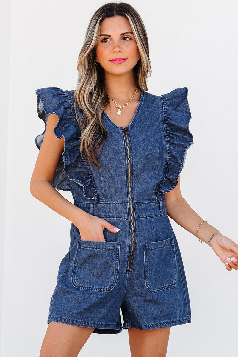 Rudi Ruffle Sleeve Denim Romper