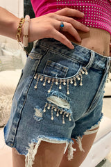 Tassel Rhinestone Distress Denim Shorts