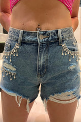 Tassel Rhinestone Distress Denim Shorts