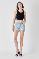 Risen Frayed Hem Denim Shorts