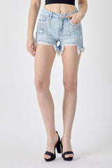 Risen Frayed Hem Denim Shorts